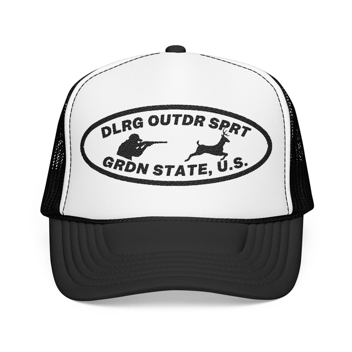 A black and white trucker hat featuring a black oval graphic on the front panel with the text 'DLRG OUTDR SPRT GRDN STATE, U.S.