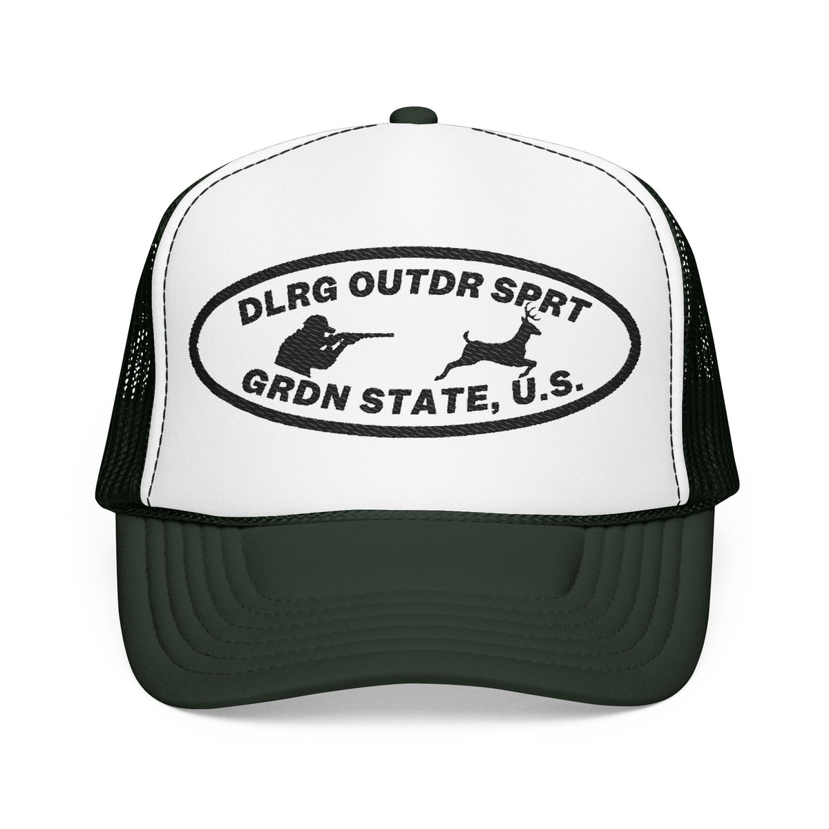 A dark green and white trucker hat featuring a black oval graphic on the front panel with the text 'DLRG OUTDR SPRT GRDN STATE, U.S.