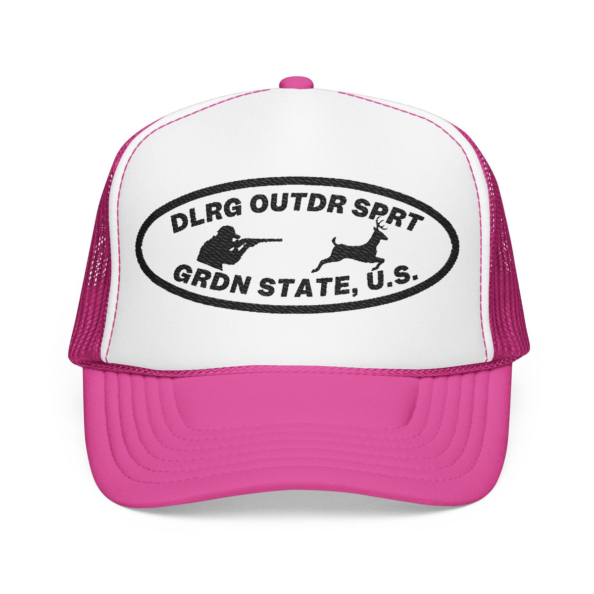 A pink and white trucker hat with a black oval logo on the front panel that reads 'DLRG OUTDR SPRT GRDN STATE, U.S.
