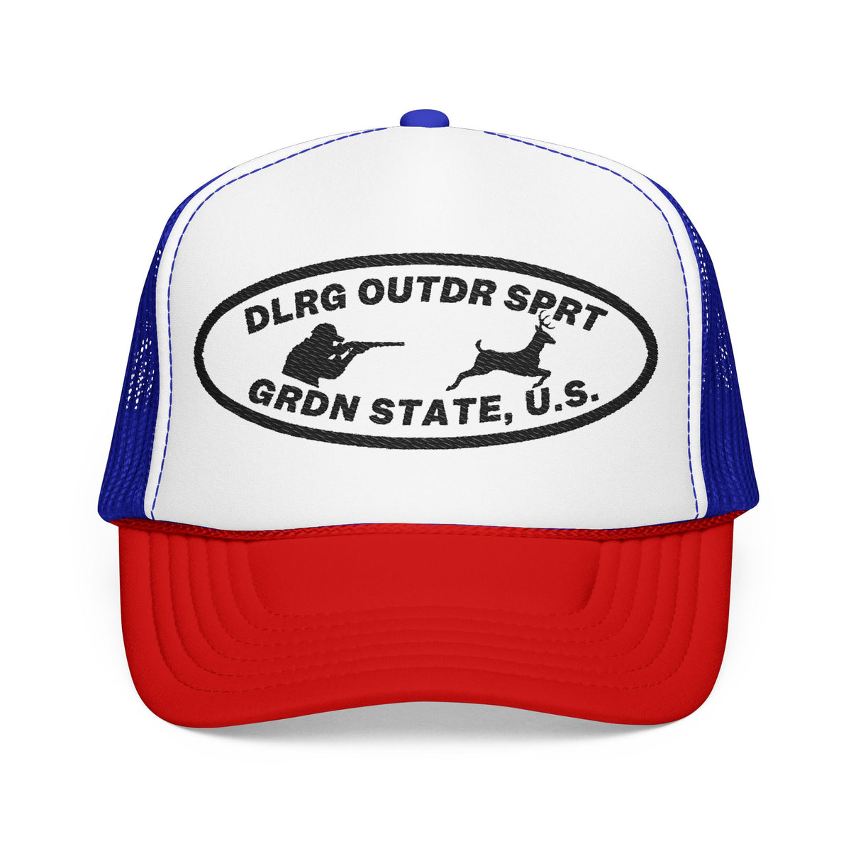 A red, white, and blue trucker hat with a black oval logo on the front panel that reads 'DLRG OUTDR SPRT GRDN STATE, U.S.